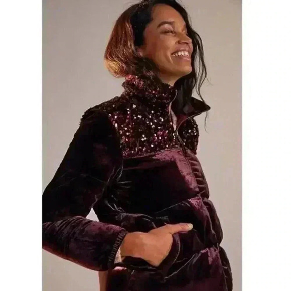 NWT Anthropologie Maeve Vera Sequined Velvet Puffer Red Wine Sparkle Jacket XS - Picture 3 of 9
